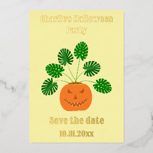 Tarjeta Festiva Con Relieve Metalizado Planta de Monstera de Halloween en calabaza salva