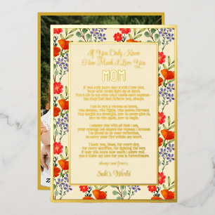 Tarjeta Festiva Con Relieve Metalizado Poema Personalizado Para Mamá Patrón Floral Día