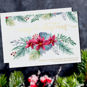Tarjeta Festiva Con Relieve Metalizado Poinsettia de Follaje de Invierno Guirnalda de Acu