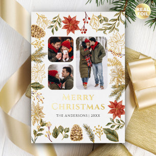 Tarjeta Festiva Con Relieve Metalizado Poinsettia Floral 3 Navidades de Collage de fotos