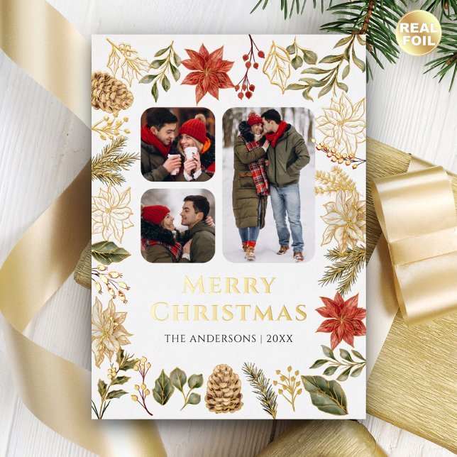 Tarjeta Festiva Con Relieve Metalizado Poinsettia Floral 3 Navidades de Collage de fotos  (Subido por el creador)