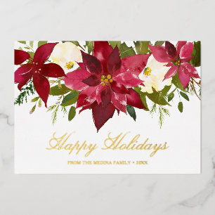 Tarjeta Festiva Con Relieve Metalizado Poinsettia Happy Holidays Elegantes Navidades