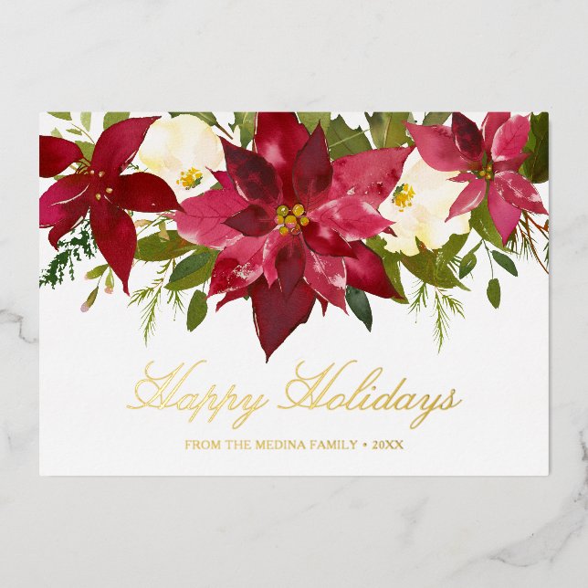 Tarjeta Festiva Con Relieve Metalizado Poinsettia Happy Holidays Elegantes Navidades (Anverso)