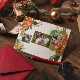 Tarjeta Festiva Con Relieve Metalizado Poinsettia Moderna y Follaje Foto de Navidad
