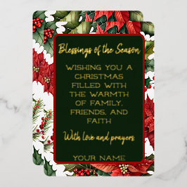 Tarjeta Festiva Con Relieve Metalizado Poinsettia Roja con Mensaje de Navidad Personaliza