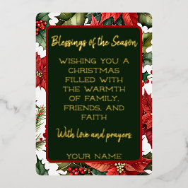 Tarjeta Festiva Con Relieve Metalizado Poinsettia Roja con Mensaje de Navidad Personaliza