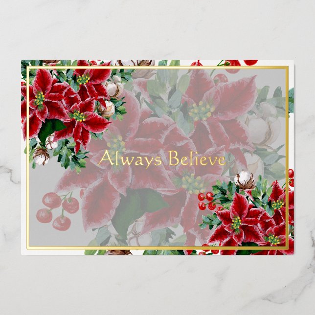 Tarjeta Festiva Con Relieve Metalizado Poinsettias brillantes y Navidades personalizados  (Anverso)