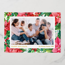 Tarjeta Festiva Con Relieve Metalizado Poinsettias y bayas de acuarela Felidas Fiestas