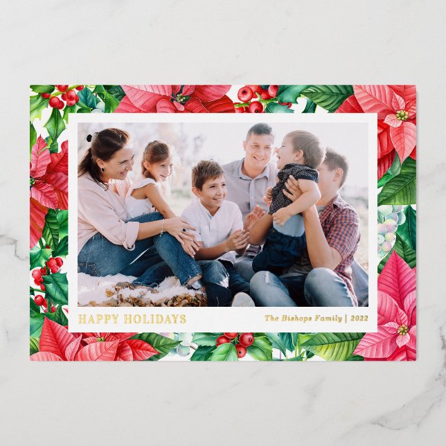 Tarjeta Festiva Con Relieve Metalizado Poinsettias y bayas de acuarela Felidas Fiestas (Anverso)