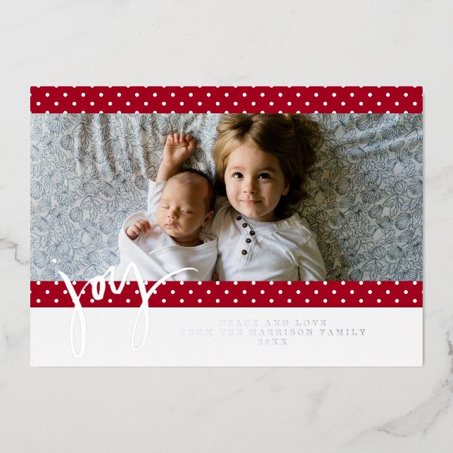 Tarjeta Festiva Con Relieve Metalizado Polka Dot Farmhouse Red White Christmas Photo (Anverso)