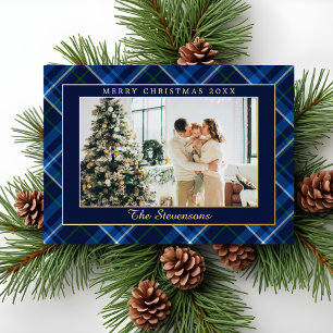 Tarjeta Festiva Con Relieve Metalizado Polo Ecuestre Cuadro Azul Marino Foto Navidad