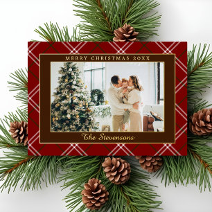 Tarjeta Festiva Con Relieve Metalizado Polo Ecuestre Cuadro Burgundy Rojo Foto Navidad
