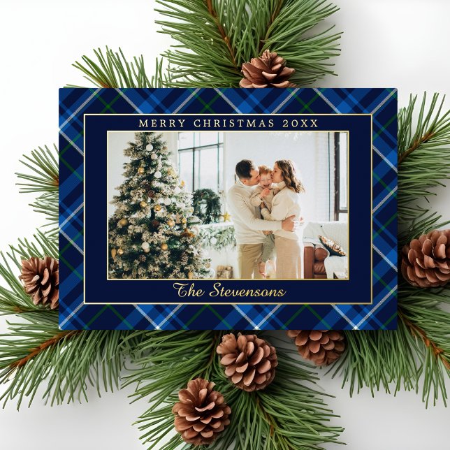 Tarjeta Festiva Con Relieve Metalizado Polo Equestrian Navy Blue Plaid Photo Christmas (Subido por el creador)