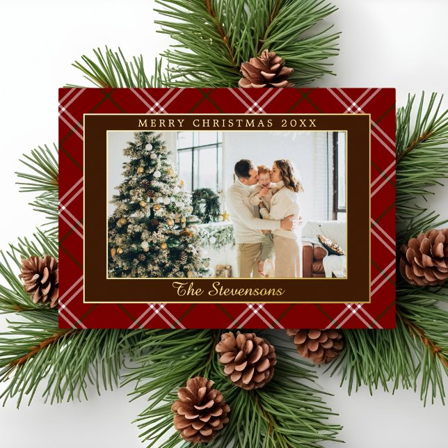 Tarjeta Festiva Con Relieve Metalizado Polo Equestrian Red Burgundy Plaid Photo Christmas (Subido por el creador)