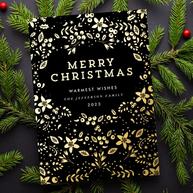 Tarjeta Festiva Con Relieve Metalizado Premium Black Onyx Gold Merry Christmas Florines (Subido por el creador)