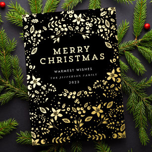 Tarjeta Festiva Con Relieve Metalizado Premium Black Onyx Oro Feliz Navidad Florales