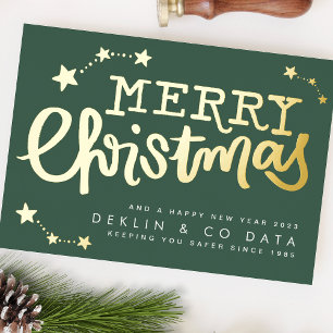 Tarjeta Festiva Con Relieve Metalizado Premium Green Gold Stars Feliz Navidad Business