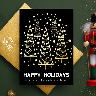 Tarjeta Festiva Con Relieve Metalizado Premium Onyx Gold Feliz Navidad Árbol De Pino Feli