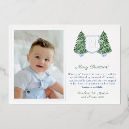 Tarjeta Festiva Con Relieve Metalizado Preppy Monograma Verde Azul Felices Fiestas Platas