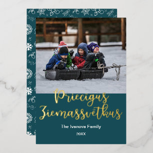 Tarjeta Festiva Con Relieve Metalizado Priecīgus Ziemassvētkus, navidad de ferry letona