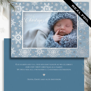 Tarjeta Festiva Con Relieve Metalizado Primer copo de nieve de Navidad Marco Azul Platead