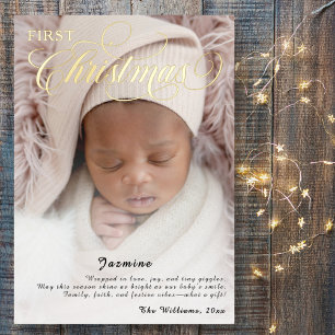 Tarjeta Festiva Con Relieve Metalizado Primer guión de foto navideña de bebé dulce
