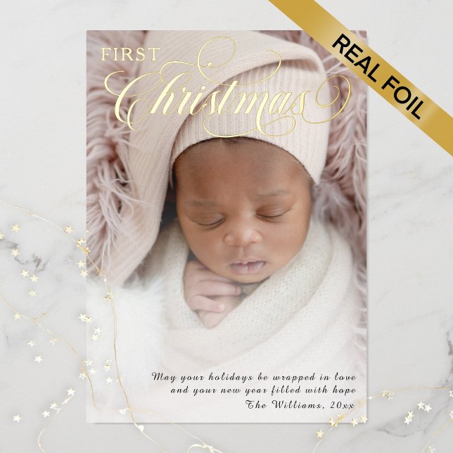 Tarjeta Festiva Con Relieve Metalizado Primer guión de fotos navideñas del bebé (Subido por el creador)