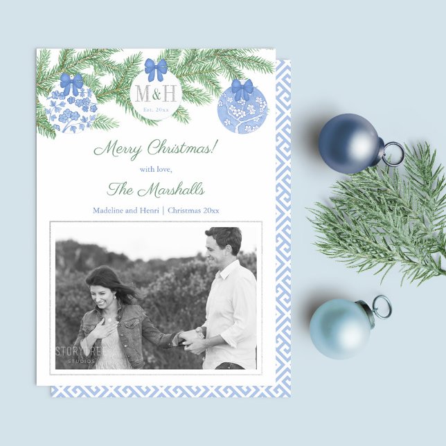 Tarjeta Festiva Con Relieve Metalizado Primer Navidad casado acuarela Monograma Oro (Married Christmas Blue White Baubles Fir Tree Silver Foil Details Christmas Holiday Card)