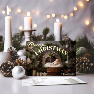 Tarjeta Festiva Con Relieve Metalizado Primer Navidad del Bebé Tipografía Moderna 1 Foto