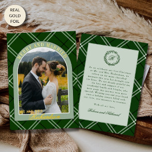 Tarjeta Festiva Con Relieve Metalizado Primera Navidad Casados Foto Cuadros Tartán Verde