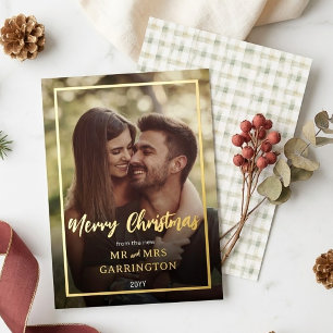 Tarjeta Festiva Con Relieve Metalizado Primera Navidad Casados Foto Plaid Boho