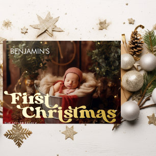 Tarjeta Festiva Con Relieve Metalizado Primera Navidad del Bebé Tipografía Retro 1 Foto