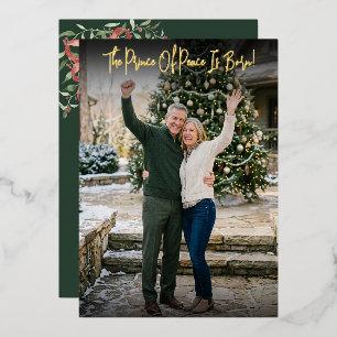 Tarjeta Festiva Con Relieve Metalizado Príncipe De Paz Arco Mano Script Foto Navidad