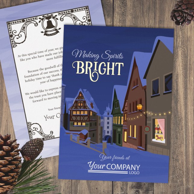 Tarjeta Festiva Con Relieve Metalizado Pueblo bávaro Luces Luces Luminosas Aldea de la Ni (Nostalgic Christmas Lights and Snow Company Holiday Greeting Cards Blue Folk Art Old Town)