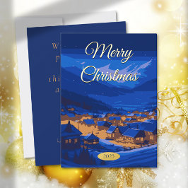 Tarjeta Festiva Con Relieve Metalizado Pueblo de invierno de Navidad vintage dorado perso