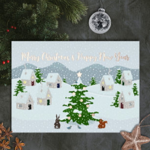 Tarjeta Festiva Con Relieve Metalizado Pueblo navideño con animales lindos y nieve