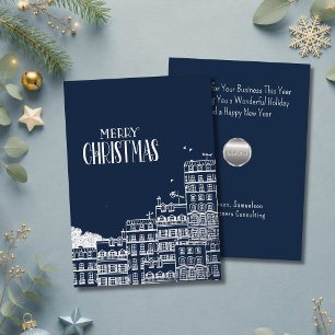 Tarjeta Festiva Con Relieve Metalizado Pueblo navideño navideño empresarial plateado