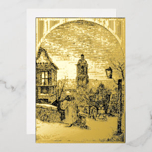 Tarjeta Festiva Con Relieve Metalizado Pueblo Nochebuena Era Victoriana Antigua 1845