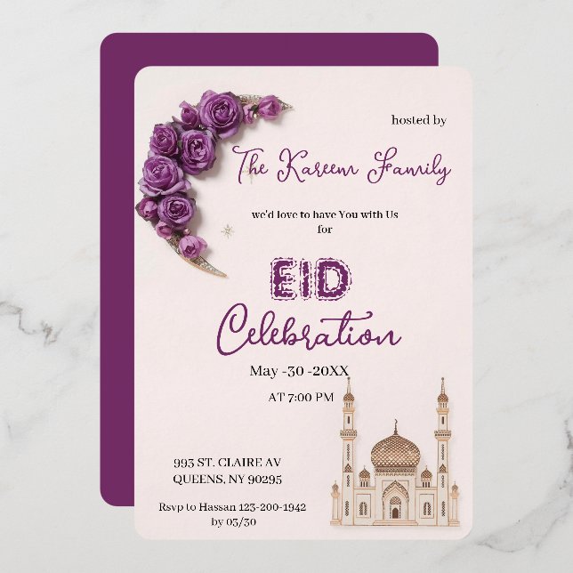 Tarjeta Festiva Con Relieve Metalizado Purple Elegant Eid Celebration  Party Invitation (Anverso/Reverso)