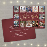 Tarjeta Festiva Con Relieve Metalizado ¡Qué año! Borgoña 12 Collage de fotos y subtítulos<br><div class="desc">¡Qué año para recordar! Envía elegantes y alegres saludos y comparte 12 de tus fotos favoritas con una tarjeta de vacaciones de Relieve metalizado de de oro y burdeos personalizado 5x7. El texto de esta plantilla es sencillo de personalizar para incluir cualquier texto como Feliz Navidad, Felices Fiestas, Saludos de...</div>
