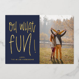 Tarjeta Festiva Con Relieve Metalizado Qué divertido Relieve metalizado fotográfico de la