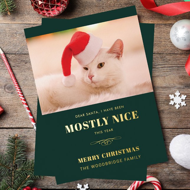 Tarjeta Festiva Con Relieve Metalizado Queridos Navidades de fotos de gatos en Santa Funn (Dear Santa Meowy and Bright Cat Photo Christmas Foil Holiday Card)