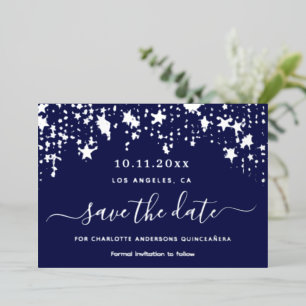 Tarjeta Festiva Con Relieve Metalizado Quinceanera plata azul marino Save the Date