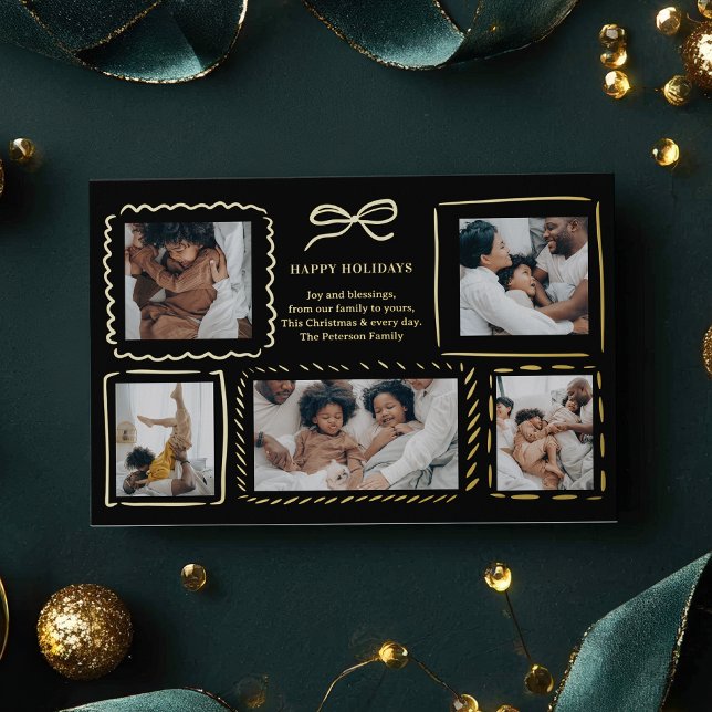 Tarjeta Festiva Con Relieve Metalizado Quirky Hand-Drawn Frames 5-Photo Christmas (Quirky Hand-Drawn Frames 5-Photo Christmas Foil Holiday Card)