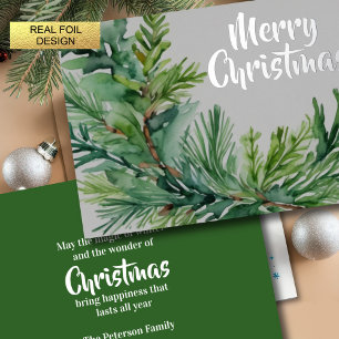 Tarjeta Festiva Con Relieve Metalizado Rama de hoja perenne de Navidad