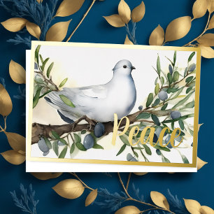 Tarjeta Festiva Con Relieve Metalizado Rama de Olive de Holiday Peace Dove