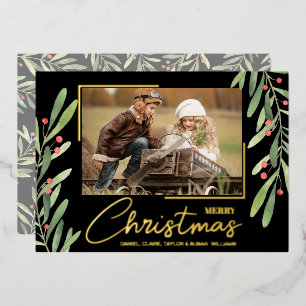 Tarjeta Festiva Con Relieve Metalizado Rama y bayas en foto de Navidad negra dorada