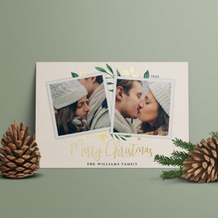 Tarjeta Festiva Con Relieve Metalizado Ramas Brillantes Dos Fotos