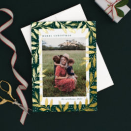 Tarjeta Festiva Con Relieve Metalizado Ramas de papel de oro 3 Foto Navidad 