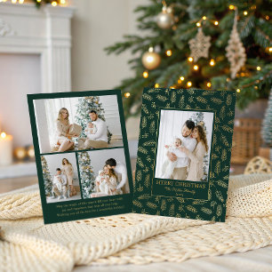 Tarjeta Festiva Con Relieve Metalizado Ramas de Pino Elegantes para Vacaciones de Navidad